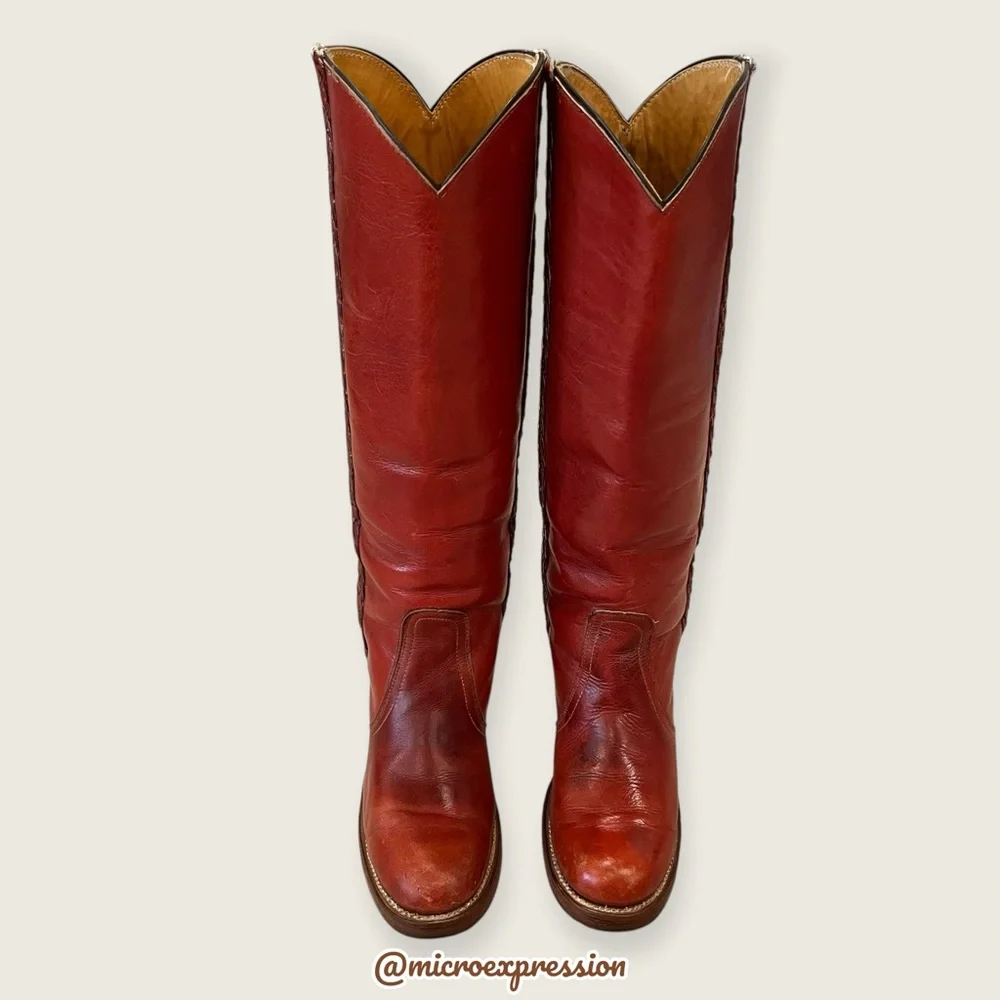 VINTAGE 1970s Frye Leather Red-Brown Leather Braided Knee High Block Heel Boot
